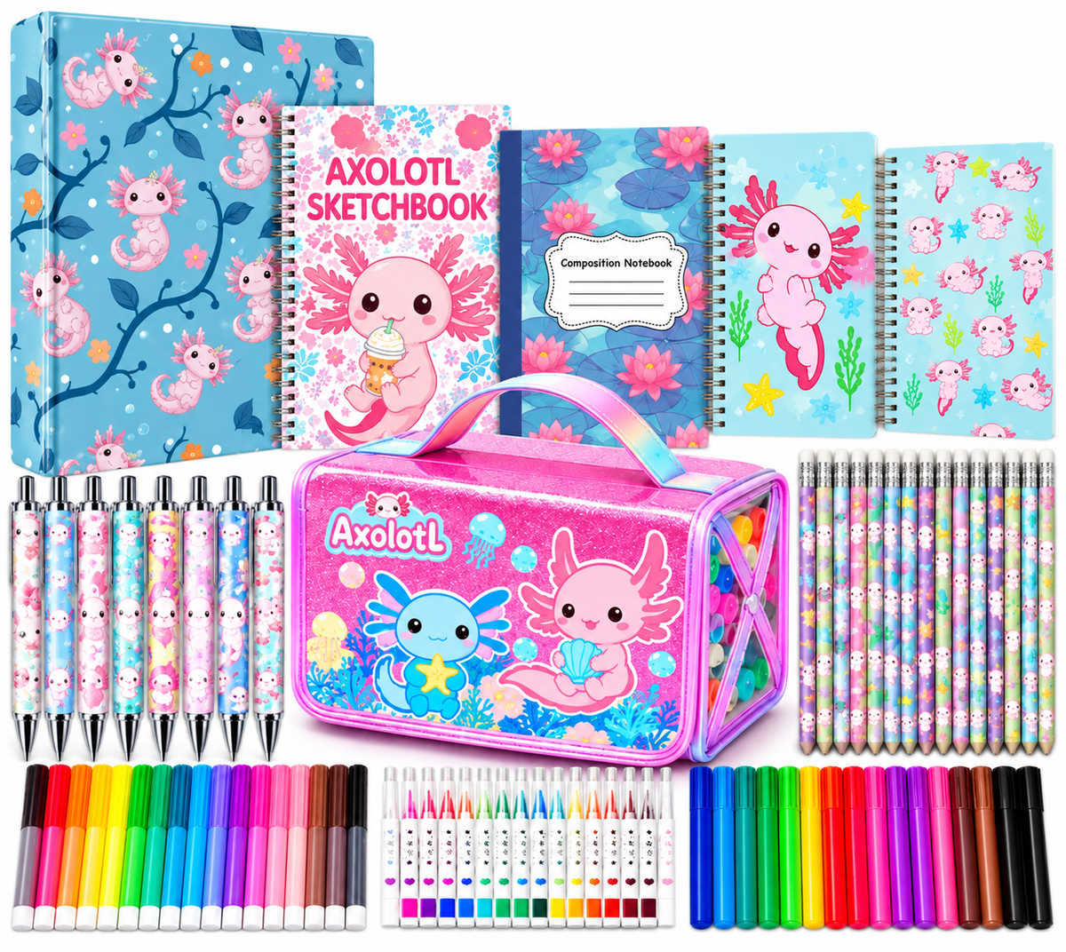 Axolotl - Themed School Supply & Art Kit – 3-Ring Binder, Notebook, Compostition Book, Sketchbook, Drawing Pencils, Pens & Pencils, 70 Piece Art Set