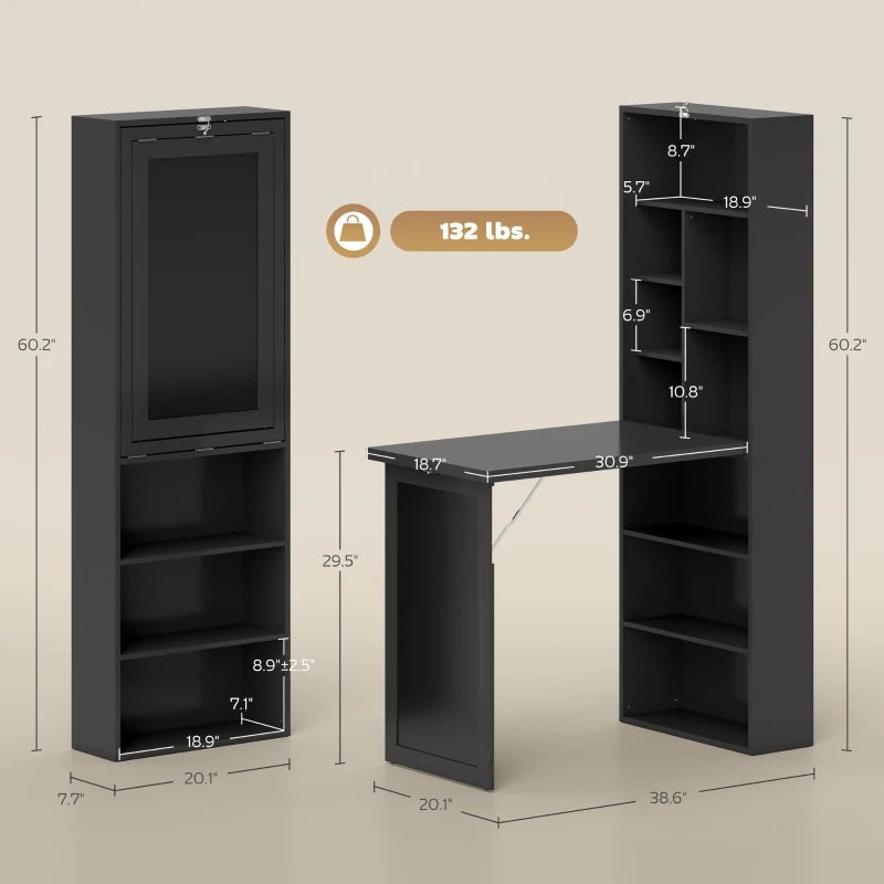Fold-out Convertible Office Desk, Wall Mount Computer Desk With Blackboard And Side Shelf, Charcoal Gray