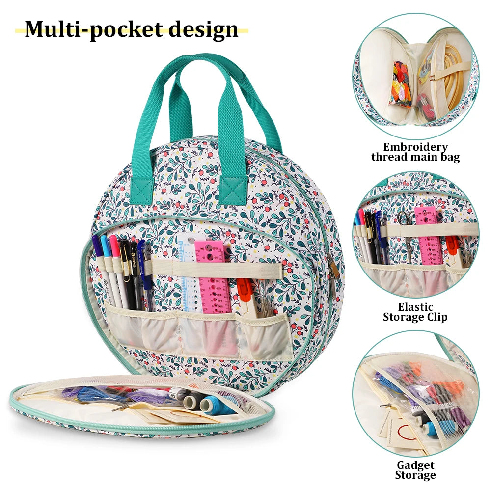 Embroidery Project Bag Embroidery Supplies Storage Carrying Tote Case with Multiple Pockets for Floss Hoops Thread Stitch Tools