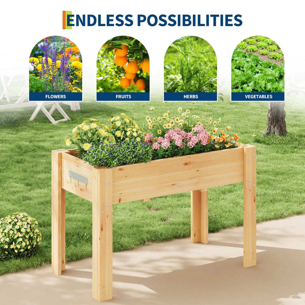 Durable Elevated Wooden Garden Bed with Legs & Hooks