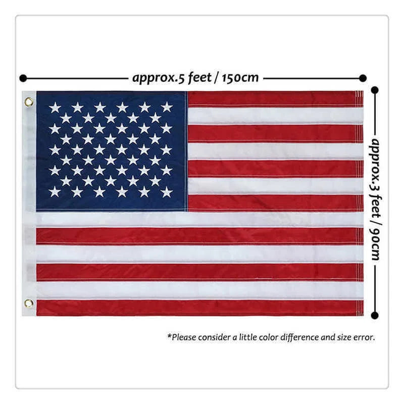 Outdoor USA Flag 3x5 Feet Waterproof Nylon Embroidered Stars Sewn Stripes Brass Grommets