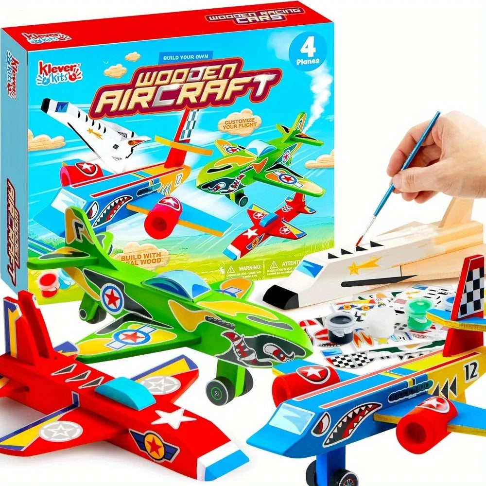 DIY Wooden Aircrafts 4PCS-Build & Paint Your Own Wooden Airplane Craft Kit