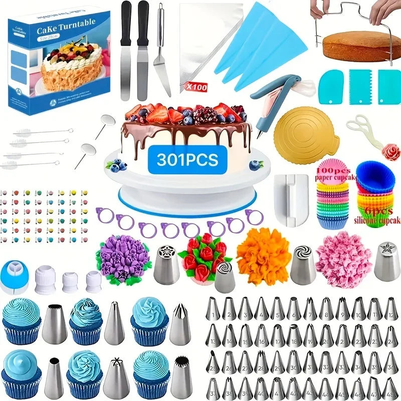 Cake Decorating Supplies Kit Tools Set Baking Accessories with Cake Turntable Pastry Piping Bag, Piping Icing Tips for Beginners