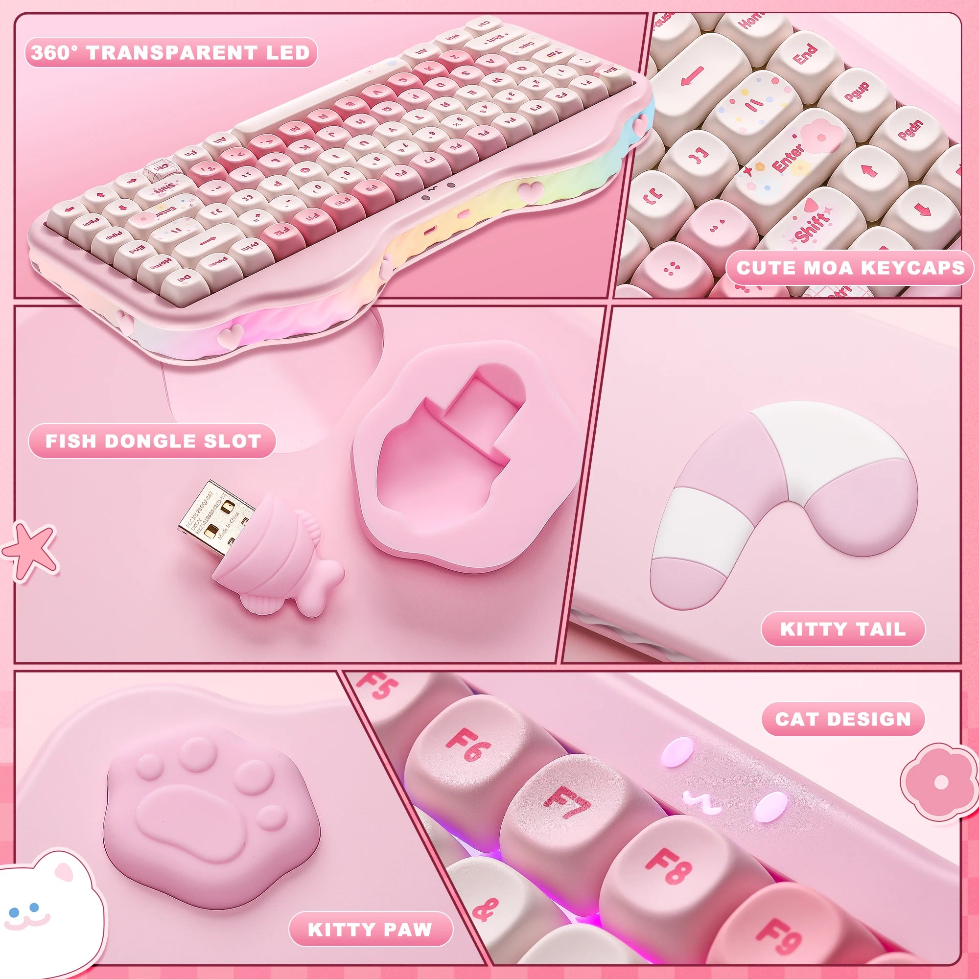 Pink Wireless Mechanical Keyboard, Cute Cake Design for Win/Mac/Gaming