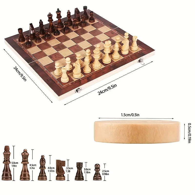 3 in 1 Foldable Wooden Chess Set Educational Strategy Game