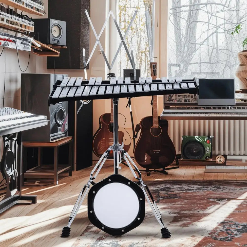 32 Notes Glockenspiel Kit, Aluminum Plate Xylophone Bell Percussion Instruments with Adjustable Height Stand, Practice Pad Malle