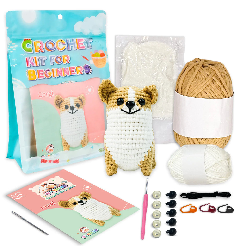 Corgi Dog Starters Crochet Kit, Crocheting Kitting for Adults, Kids, DIY Craft Gifts with Crochets Yarns Hook Step-by-Step Video