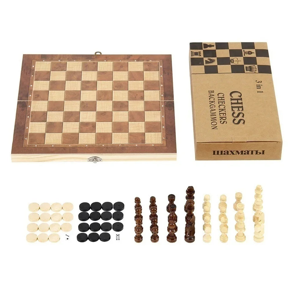 3 in 1 Foldable Wooden Chess Set Educational Strategy Game