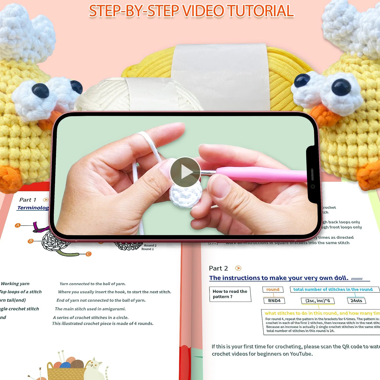 Chicken Crochet Kit Cute Animals DIY Amigurumi Starter Set with Step-by-Step Video Book Tutorial Easy Knitting Project
