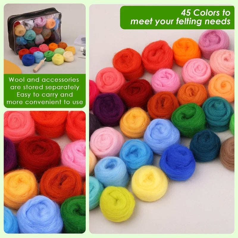 45 Colors Felt Wool Roving Needle Felting Starter Kit