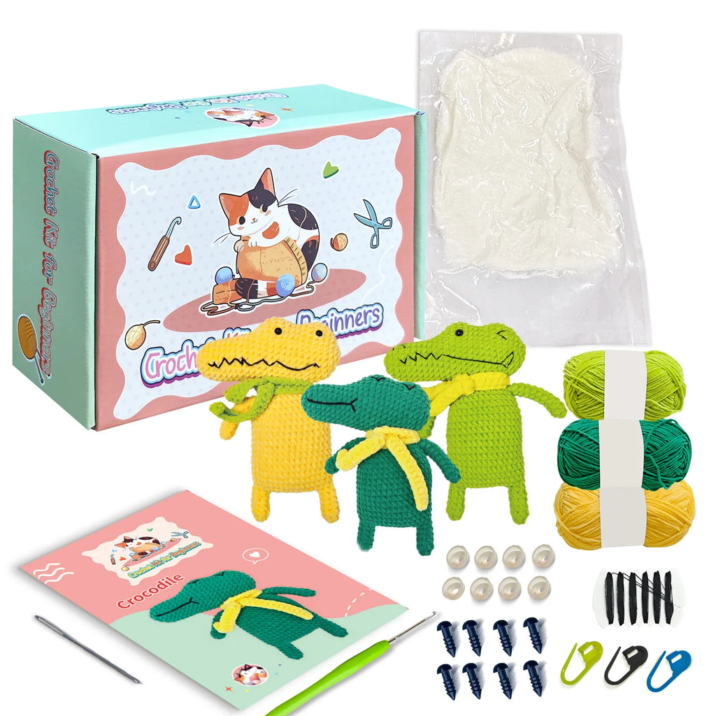 Crocodile Beginner Crochet Animal Kit Easy Yarn with Instruction Manual and Video Tutorial