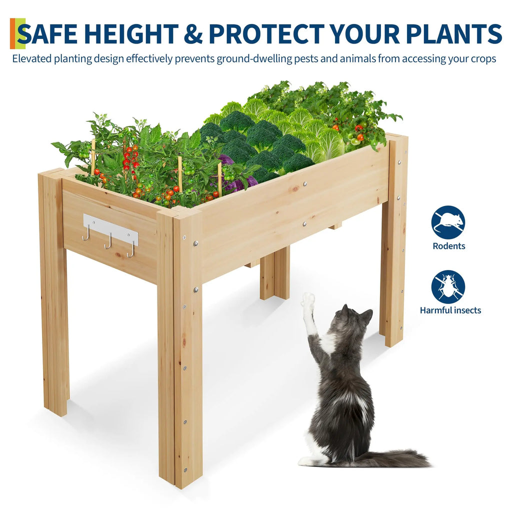 Durable Elevated Wooden Garden Bed with Legs & Hooks