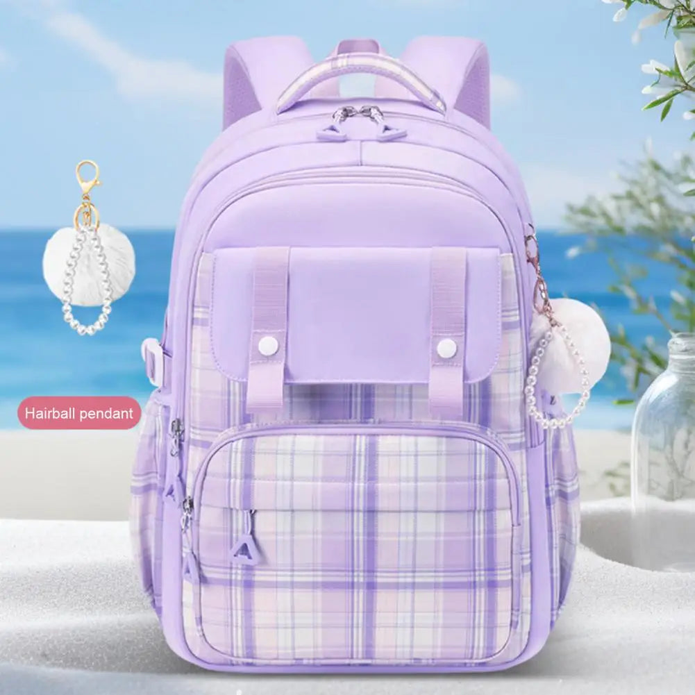 Plush Doll Charm Girls Backpack - Multi Compartments Large Capacity Waterproof