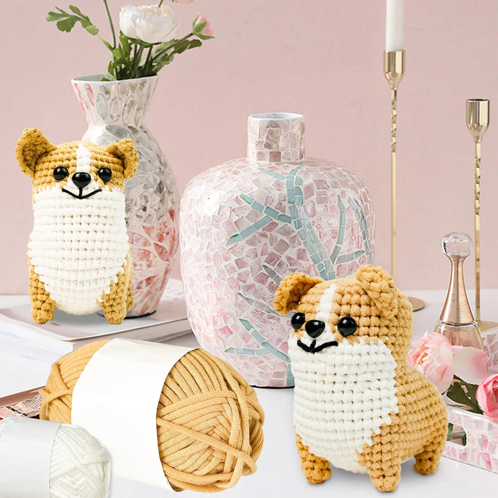 Corgi Dog Starters Crochet Kit, Crocheting Kitting for Adults, Kids, DIY Craft Gifts with Crochets Yarns Hook Step-by-Step Video