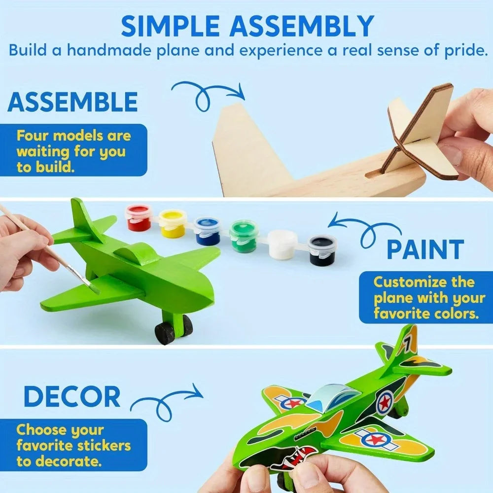 DIY Wooden Aircrafts 4PCS-Build & Paint Your Own Wooden Airplane Craft Kit