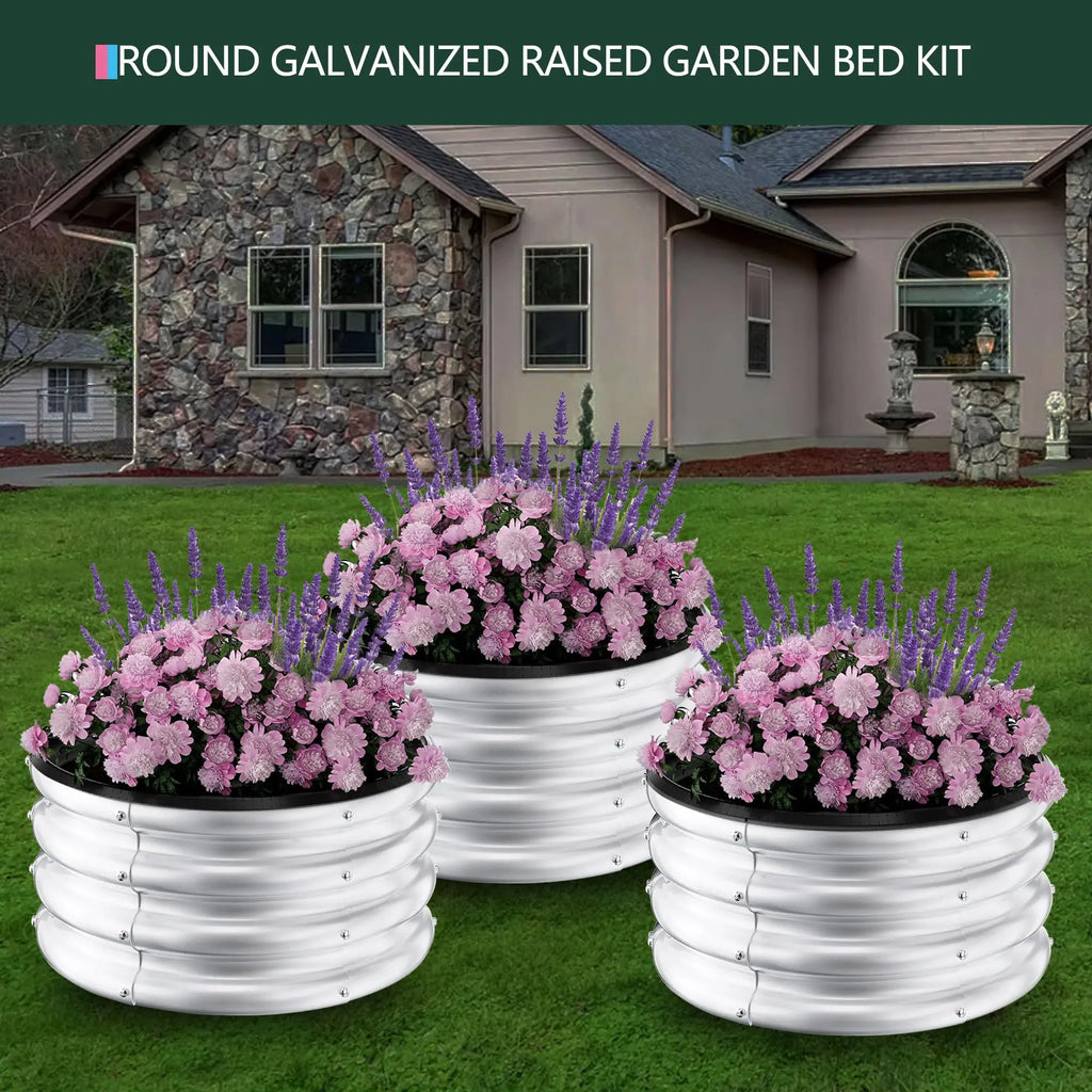 Galvanized Raised Garden Beds Outdoor, 3 Round Metal Planters (2x2x1Ft)