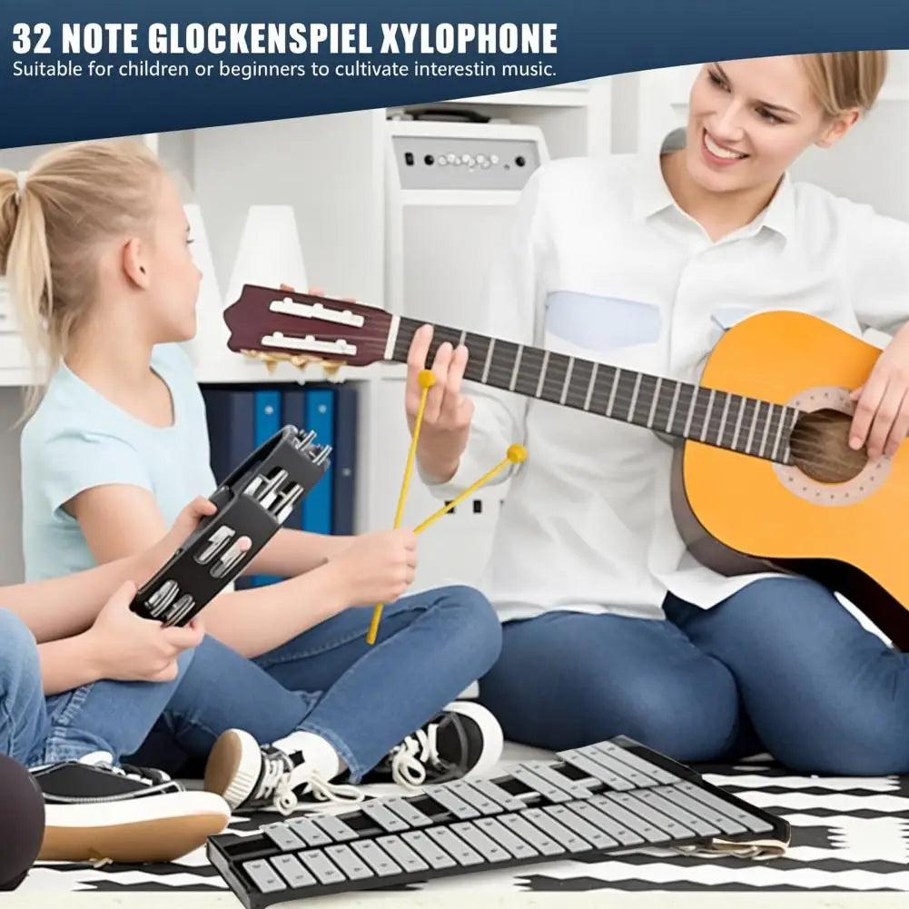 32 Notes Glockenspiel Kit, Aluminum Plate Xylophone Bell Percussion Instruments with Adjustable Height Stand, Practice Pad Malle
