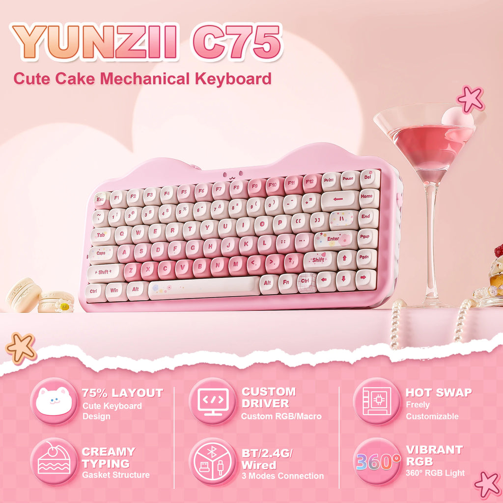 Pink Wireless Mechanical Keyboard, Cute Cake Design for Win/Mac/Gaming