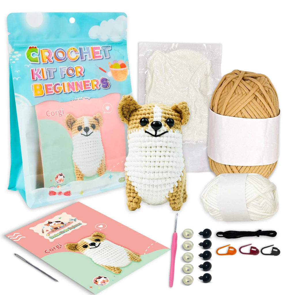 Corgi Dog Starters Crochet Kit, Crocheting Kitting for Adults, Kids, DIY Craft Gifts with Crochets Yarns Hook Step-by-Step Video