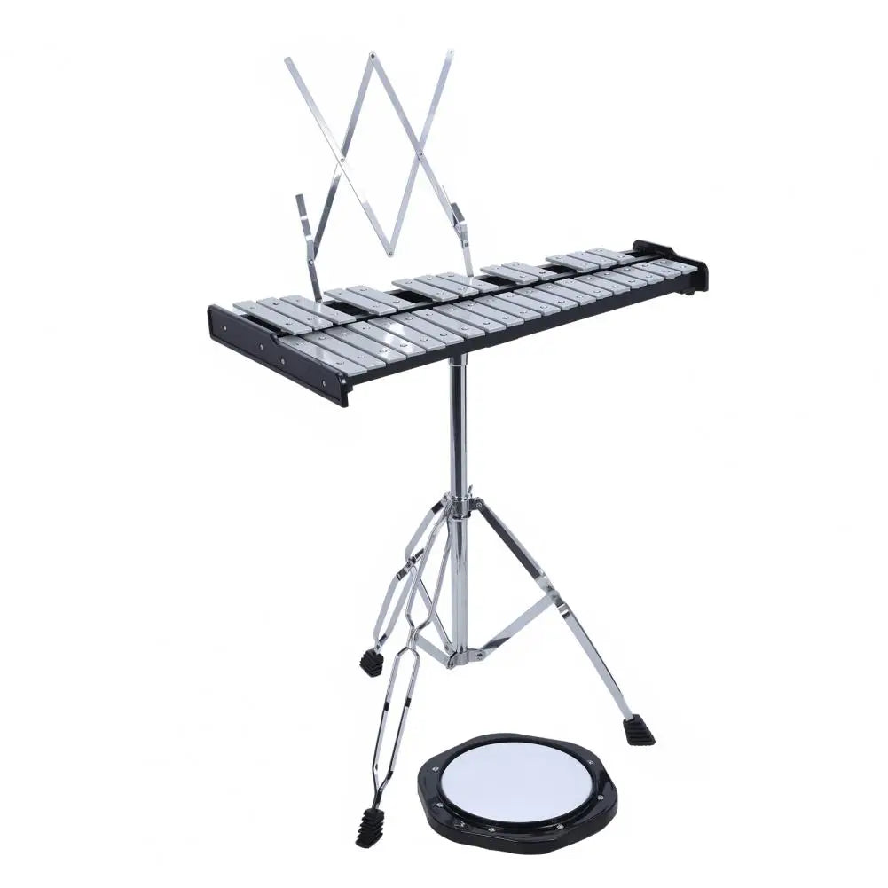 32 Notes Glockenspiel Kit, Aluminum Plate Xylophone Bell Percussion Instruments with Adjustable Height Stand, Practice Pad Malle