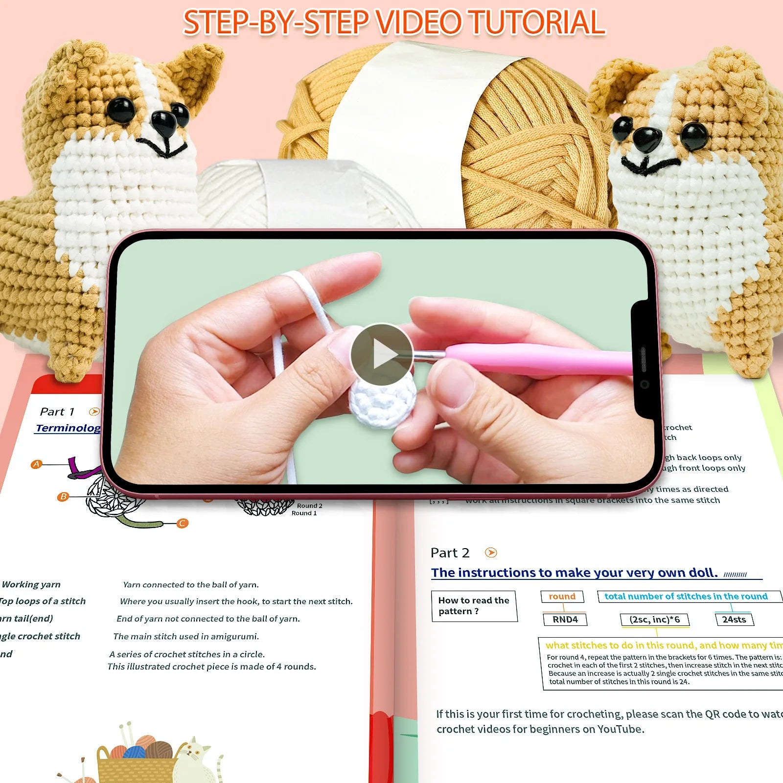 Corgi Dog Starters Crochet Kit, Crocheting Kitting for Adults, Kids, DIY Craft Gifts with Crochets Yarns Hook Step-by-Step Video