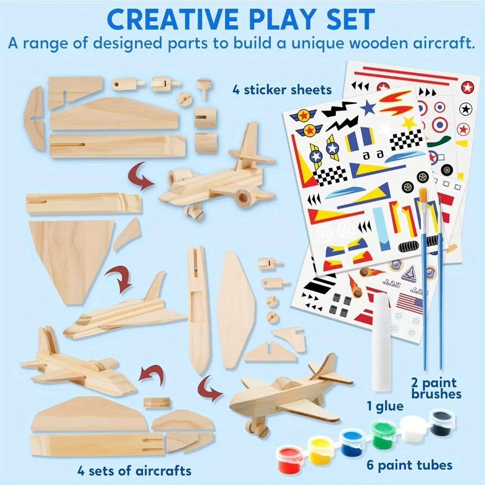 DIY Wooden Aircrafts 4PCS-Build & Paint Your Own Wooden Airplane Craft Kit