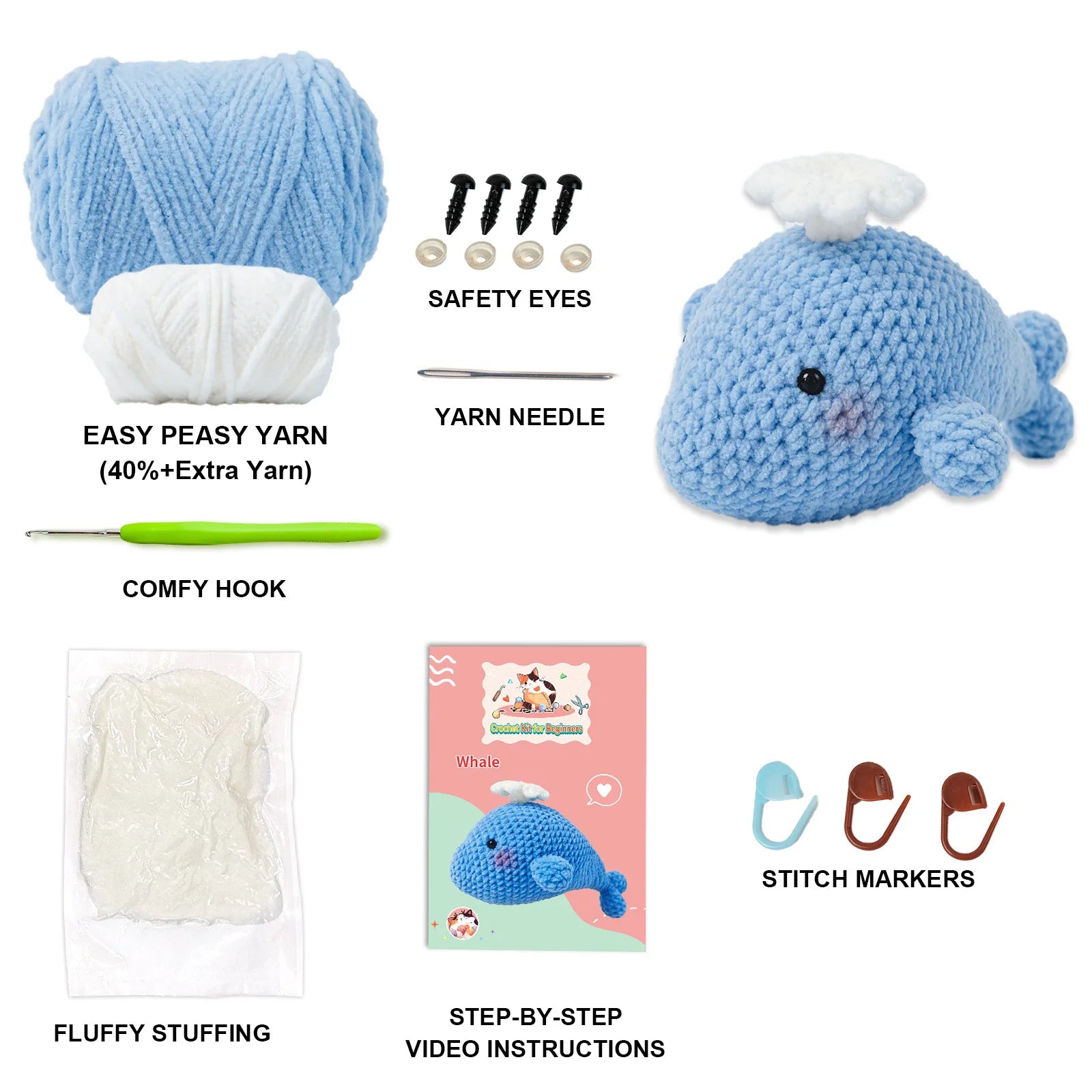 Whale Crochet Kit for Beginners,DIY Craft for Adults, Great Gift for Crochet Lovers, Step by Step Videos,Birthday Gift