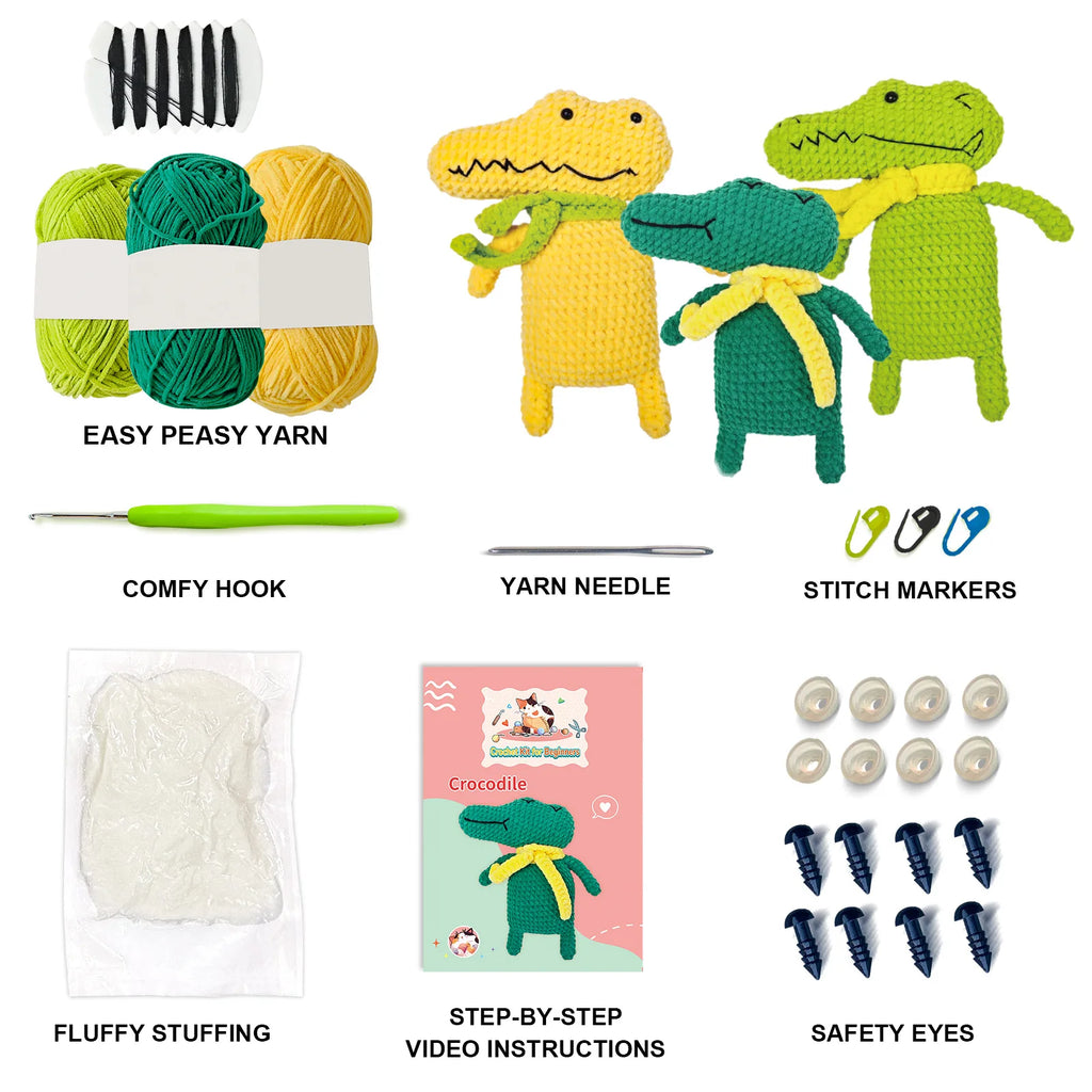 Crocodile Beginner Crochet Animal Kit Easy Yarn with Instruction Manual and Video Tutorial