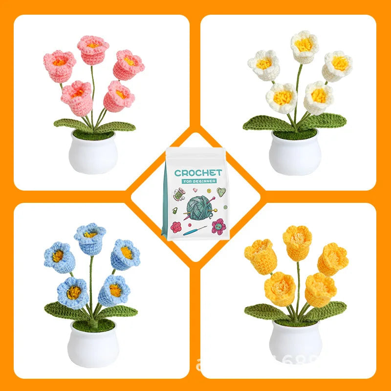 3 PCS Potted Flower Plants Crochet Kit with Step-by-Step Video Potted Plant with Sewing Crocheting Set DIY Craft Gift