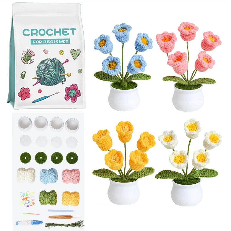 3 PCS Potted Flower Plants Crochet Kit with Step-by-Step Video Potted Plant with Sewing Crocheting Set DIY Craft Gift