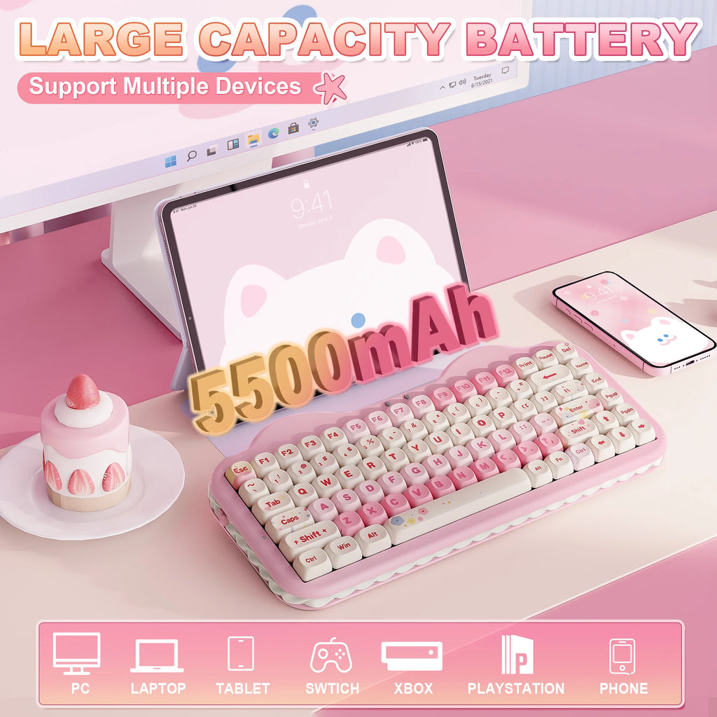 Pink Wireless Mechanical Keyboard, Cute Cake Design for Win/Mac/Gaming