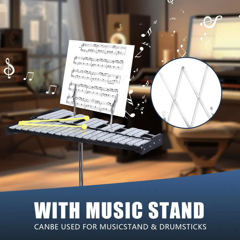 32 Notes Glockenspiel Kit, Aluminum Plate Xylophone Bell Percussion Instruments with Adjustable Height Stand, Practice Pad Malle