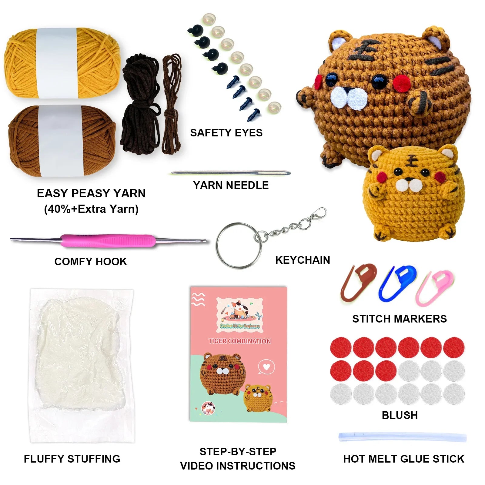 DIY Tiger Crochet Kit,Learn to Crochet for Adults, Kids,Cute Tiger Knitting Kit Supplies Yarn Hook with Step-by-Step Video