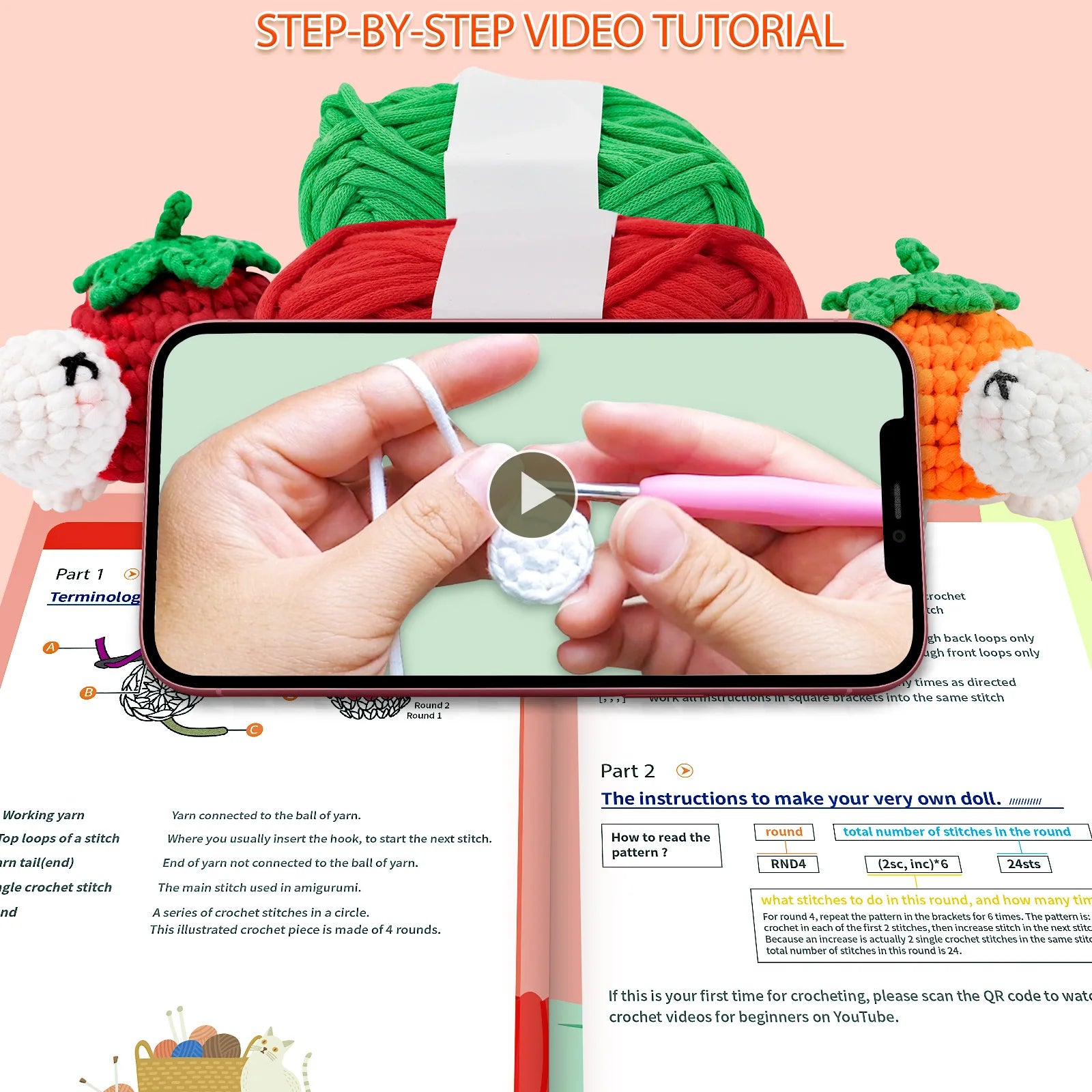 Simple 3pcs Tortoise Crochet Kit with Yarn Tool Step-by-Step Video Tutorials for Adults & Kids DIY Handmade Crochet Gift Set