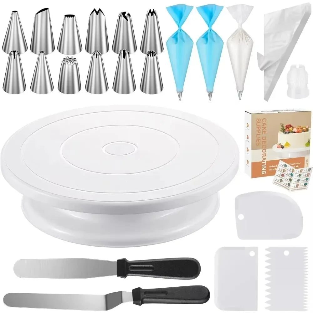 Cake Decorating Supplies Kit Tools Set Baking Accessories with Cake Turntable Pastry Piping Bag, Piping Icing Tips for Beginners