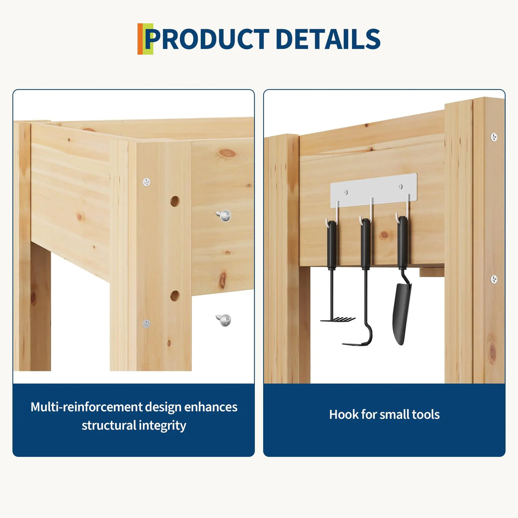 Durable Elevated Wooden Garden Bed with Legs & Hooks