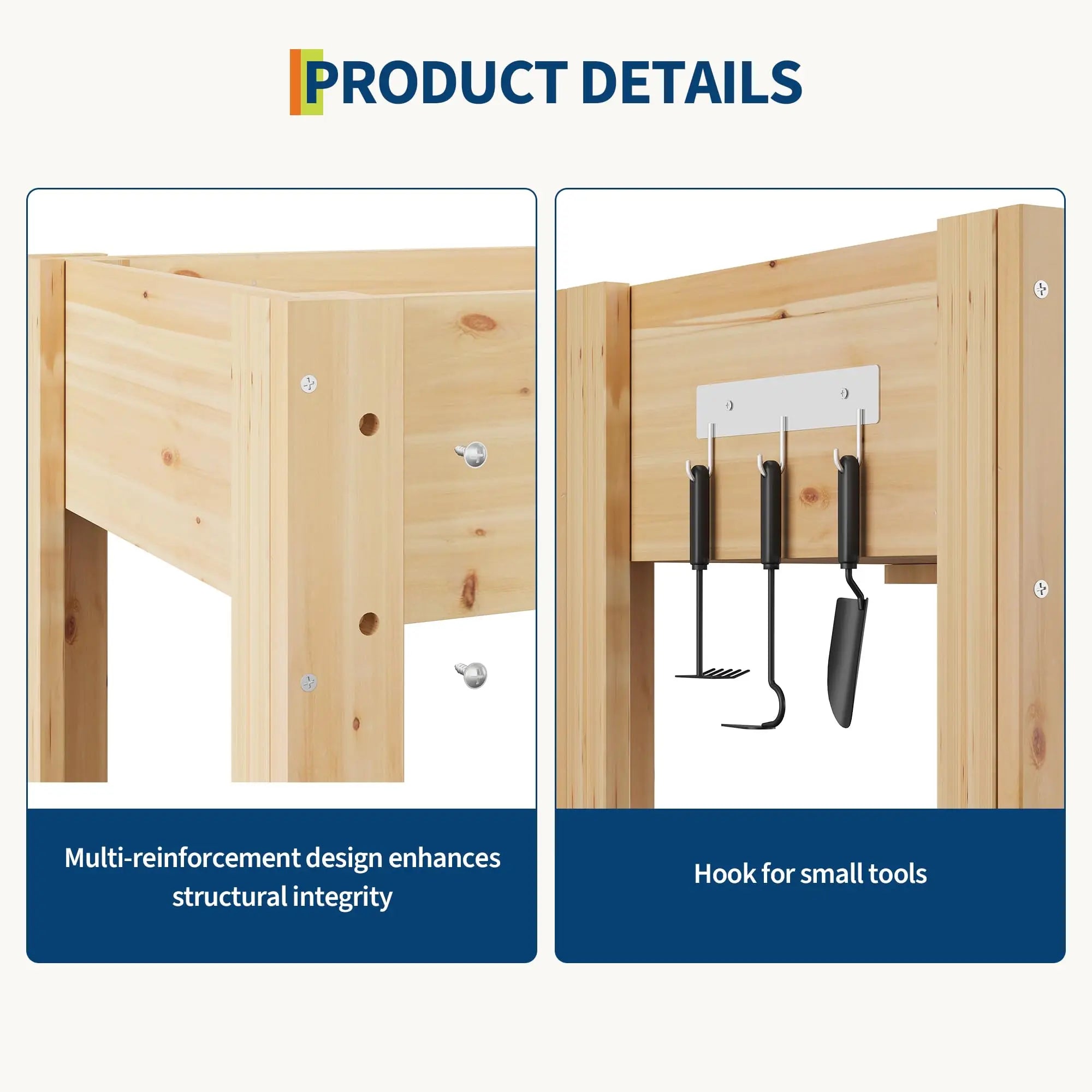 Durable Elevated Wooden Garden Bed with Legs & Hooks
