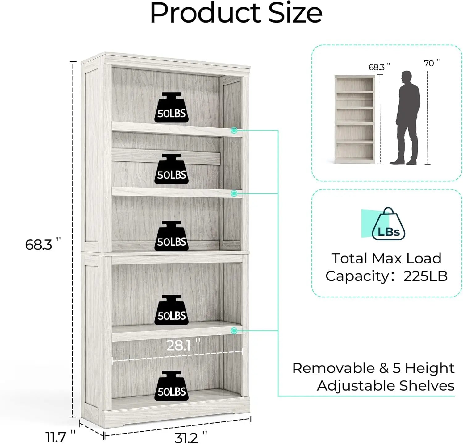 5-Shelf Bookcase 68 "Tall