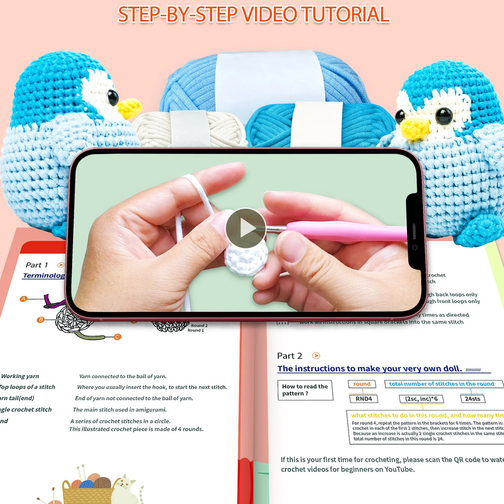 Penguin Crochet Kit for Beginners Crochet Kit for Adults and Children Easy Yarn, with Instruction Manual and Video Tutorial