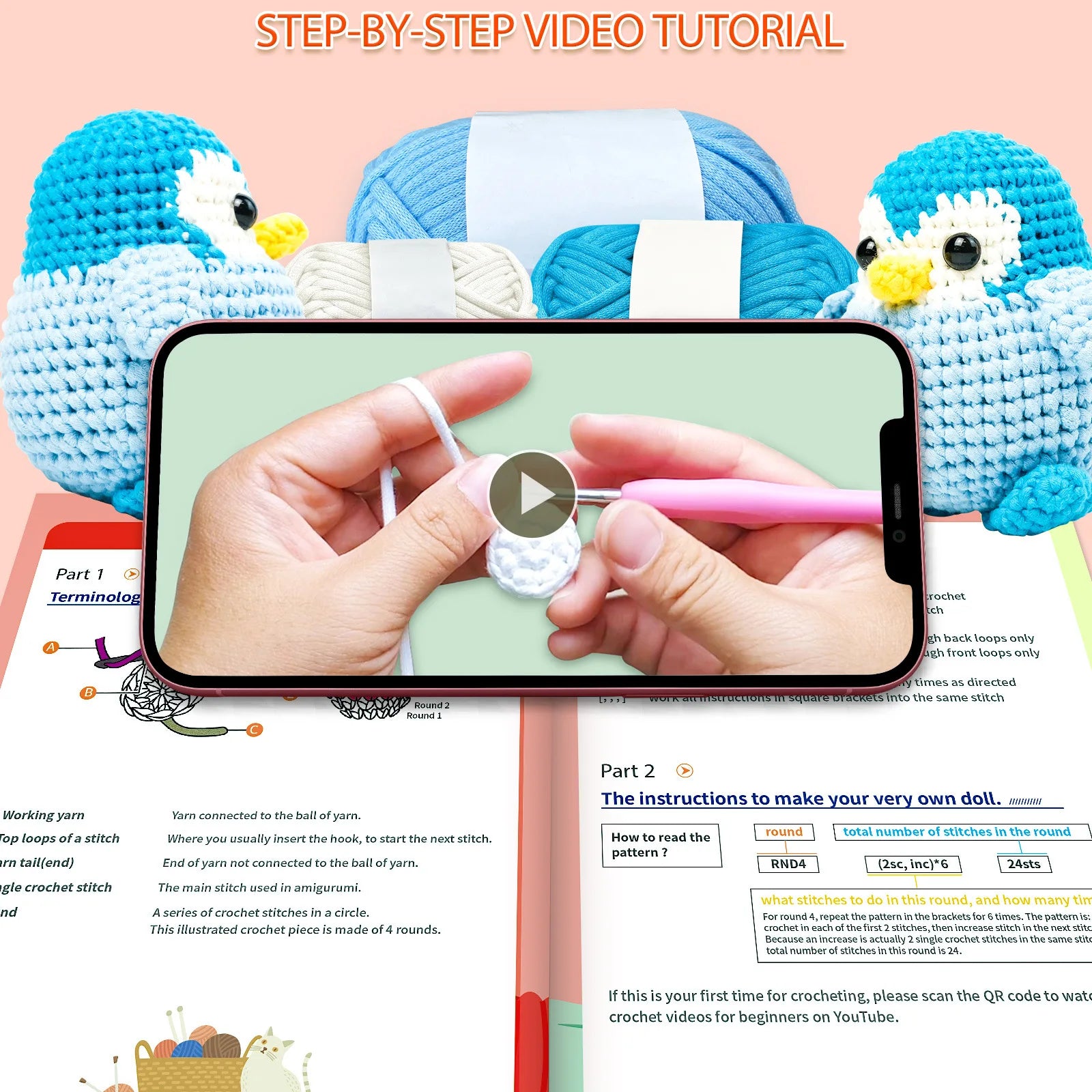 Penguin Crochet Kit for Beginners Crochet Kit for Adults and Children Easy Yarn, with Instruction Manual and Video Tutorial