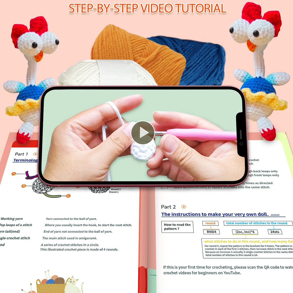 Chicken Crochet Kit for Beginners with Crochet Yarn - Beginner Crochet Kit for Adults Kids with Step-by-Step Video Tutorials