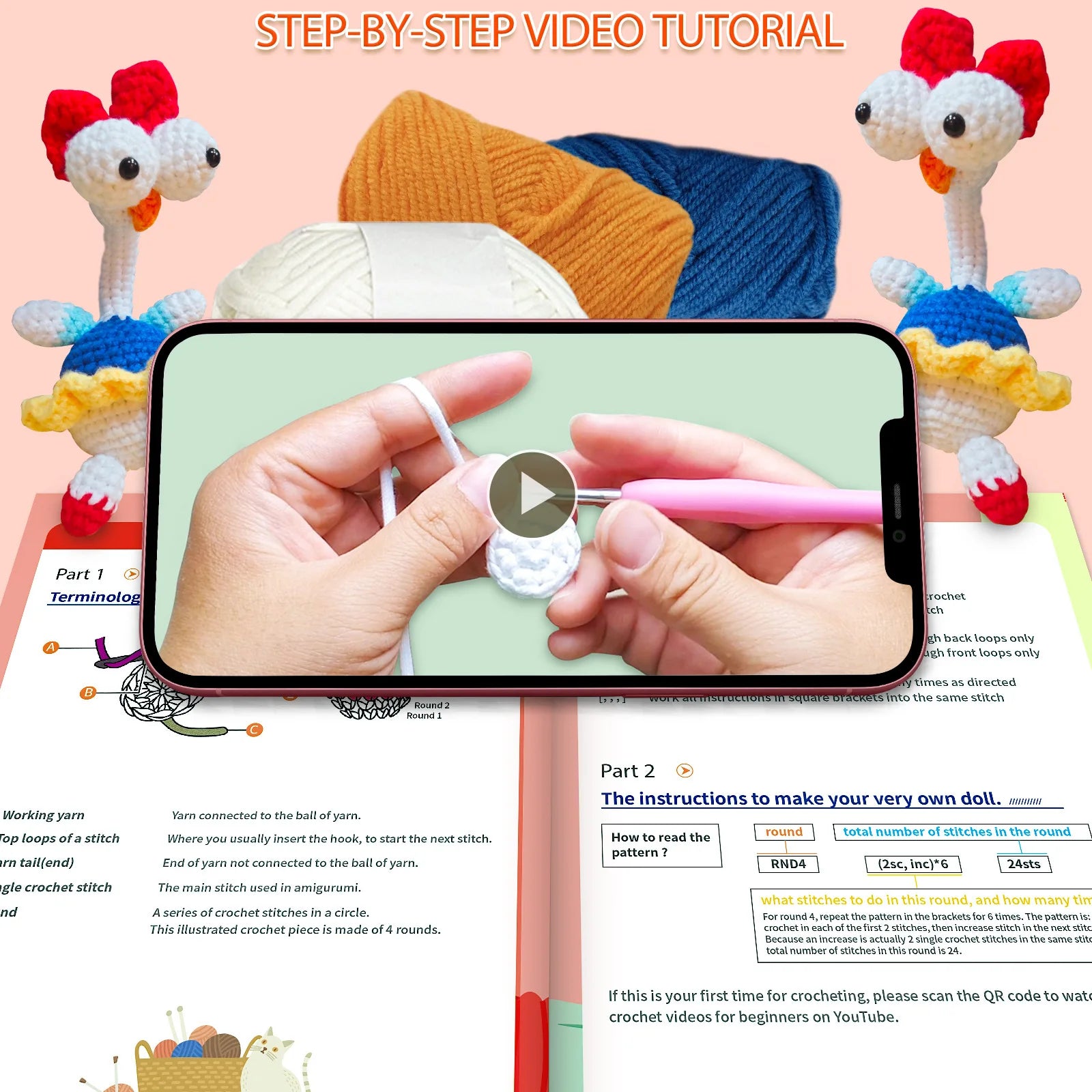 Chicken Crochet Kit for Beginners with Crochet Yarn - Beginner Crochet Kit for Adults Kids with Step-by-Step Video Tutorials