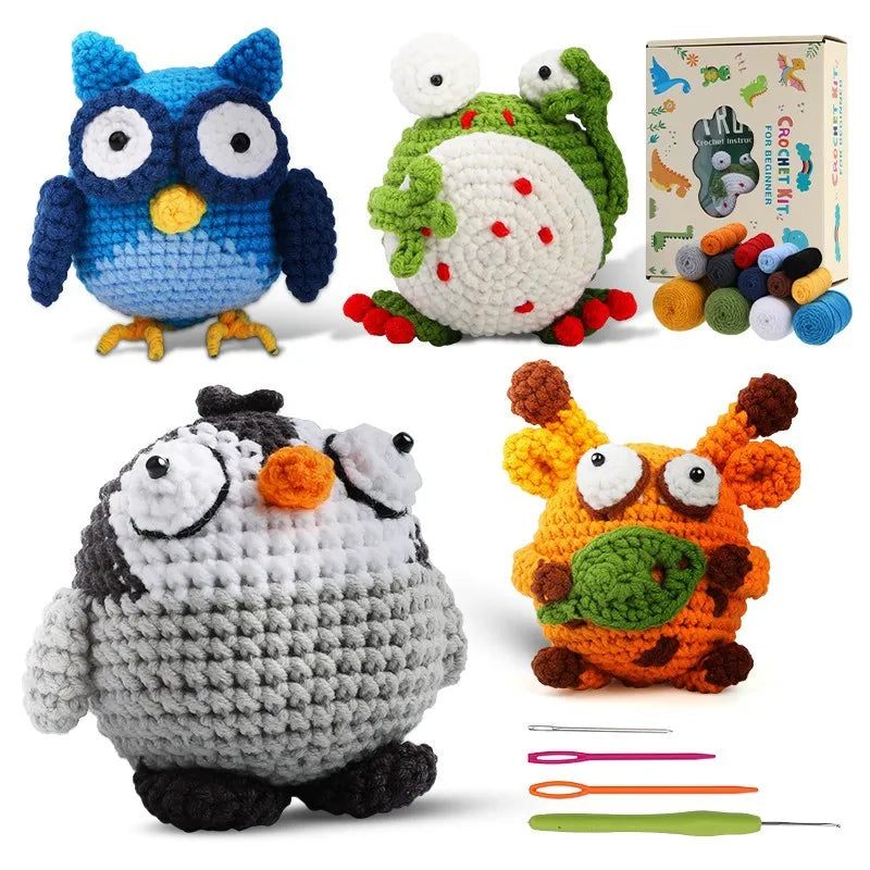 4pcs Ugly Cartoon Animal Frog Owl Pengiun Giraffe Crochet Kit DIY Crafter with Instructions