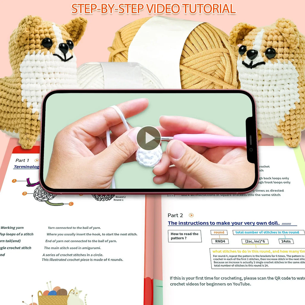 Corgi Dog Starters Crochet Kit, Crocheting Kitting for Adults, Kids, DIY Craft Gifts with Crochets Yarns Hook Step-by-Step Video