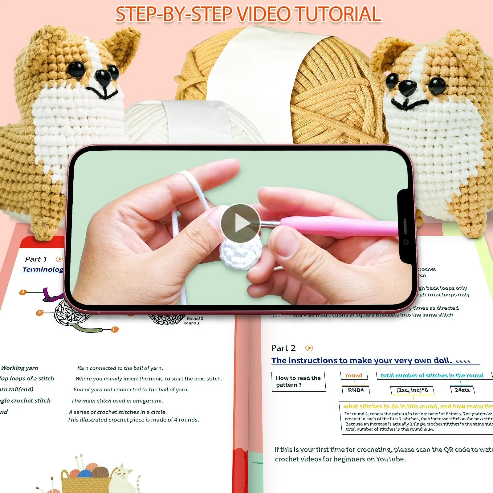 Corgi Dog Starters Crochet Kit, Crocheting Kitting for Adults, Kids, DIY Craft Gifts with Crochets Yarns Hook Step-by-Step Video
