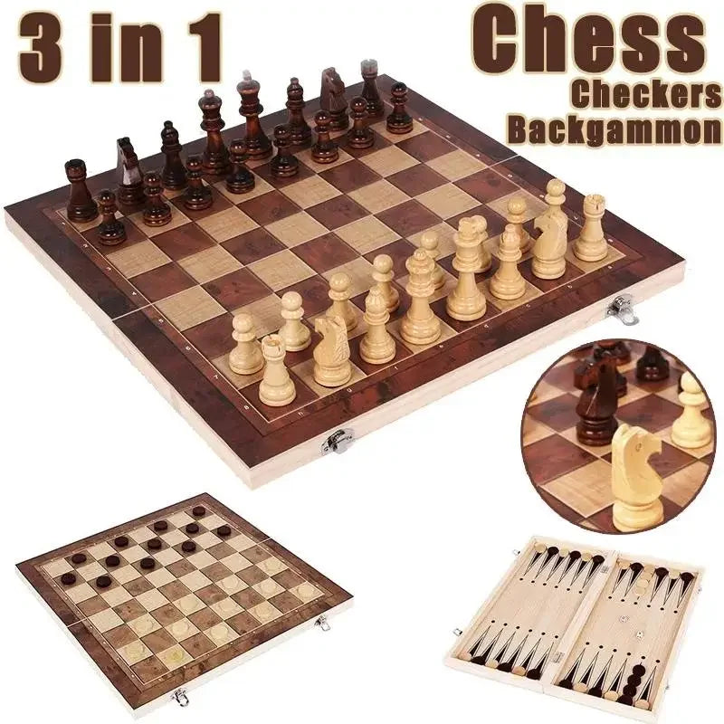 3 in 1 Foldable Wooden Chess Set Educational Strategy Game