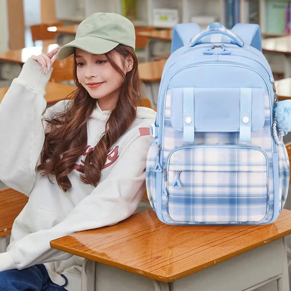 Plush Doll Charm Girls Backpack - Multi Compartments Large Capacity Waterproof