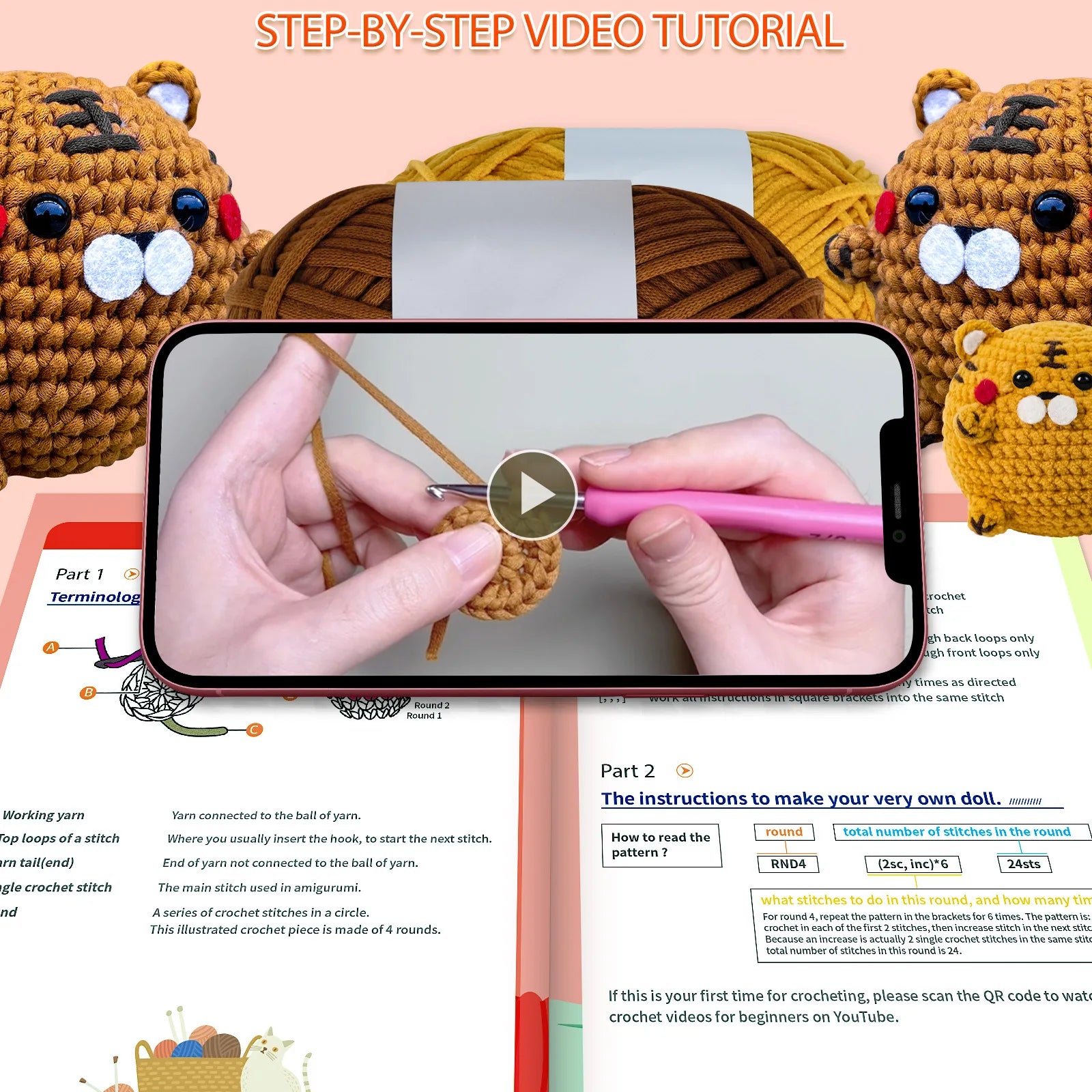 DIY Tiger Crochet Kit,Learn to Crochet for Adults, Kids,Cute Tiger Knitting Kit Supplies Yarn Hook with Step-by-Step Video