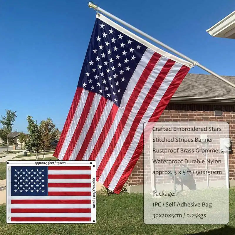 Outdoor USA Flag 3x5 Feet Waterproof Nylon Embroidered Stars Sewn Stripes Brass Grommets