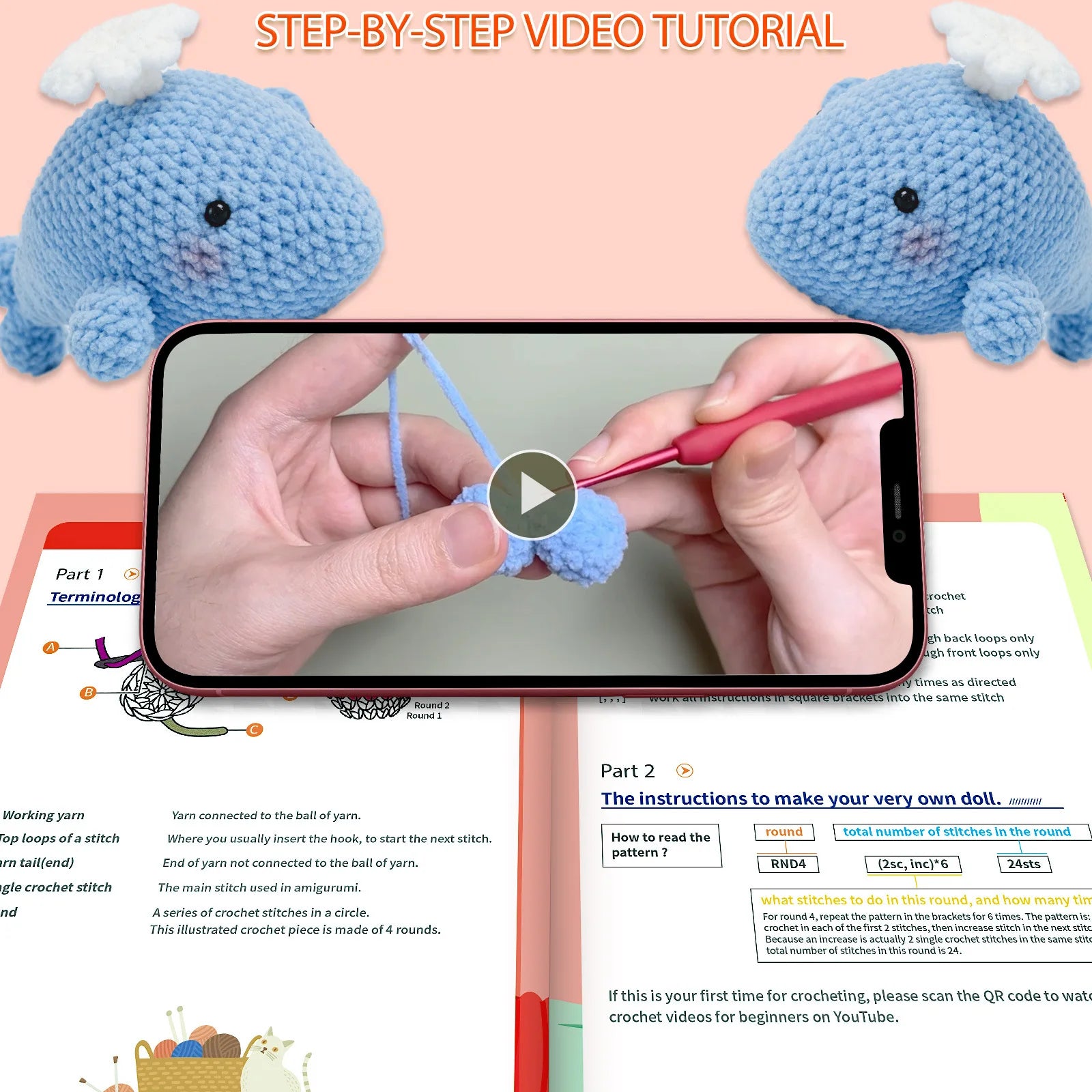 Whale Crochet Kit for Beginners,DIY Craft for Adults, Great Gift for Crochet Lovers, Step by Step Videos,Birthday Gift